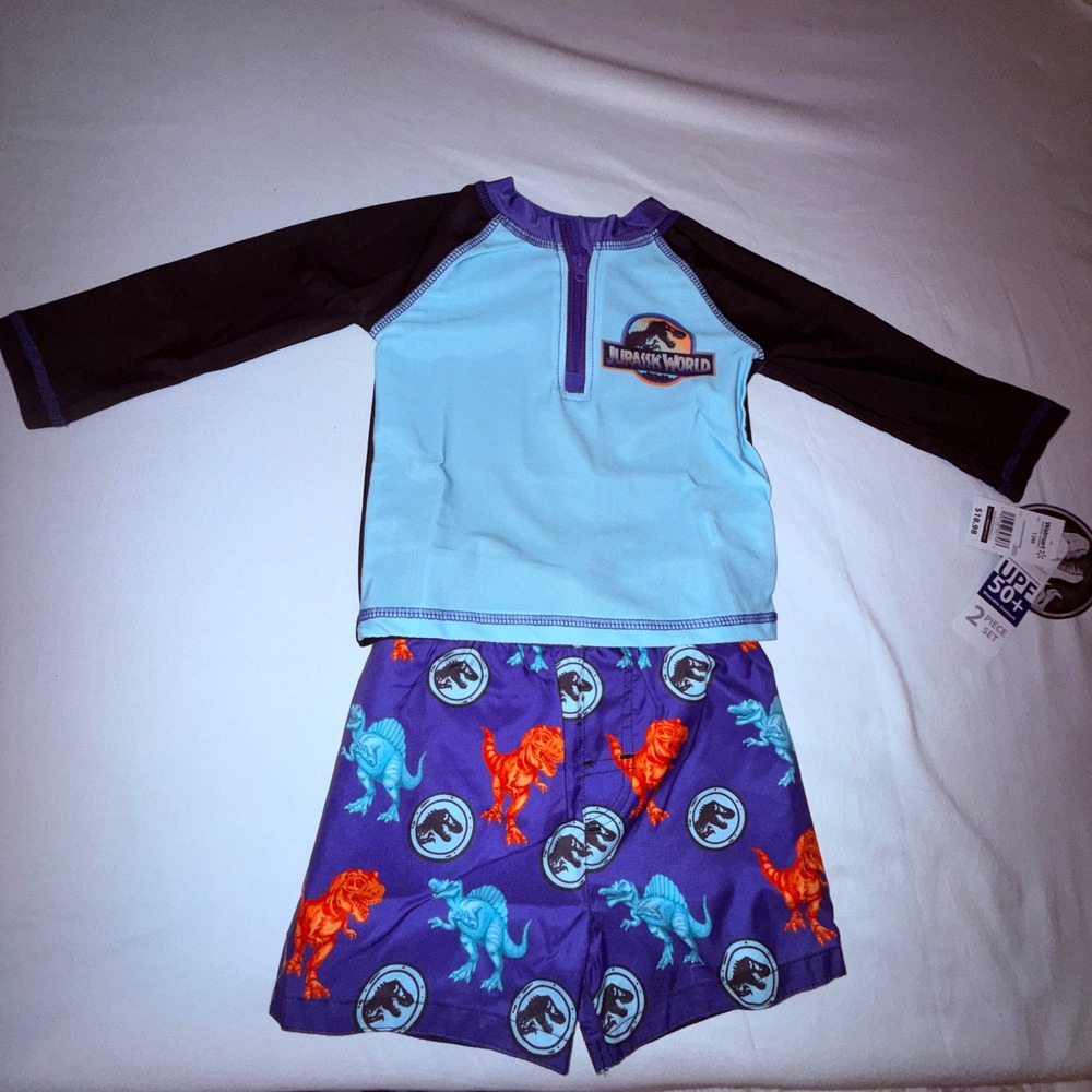 Jurassic World Swimwear Set Kids 12M Blue NEW UPF‎ 50+ Dinosaur 2pc Rash Guard